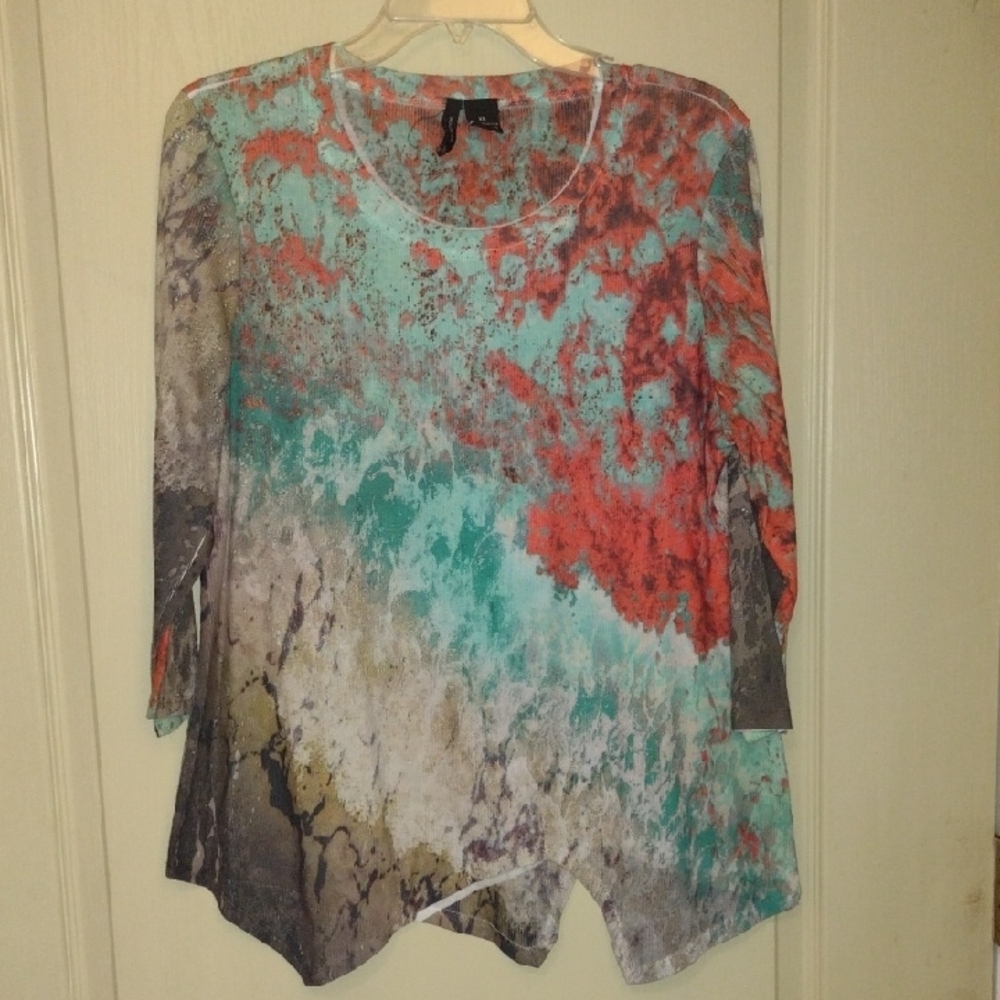New Directions Blue and Pink Asymmetrical 3/4 Sleeve Tunic